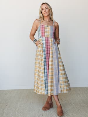 Western Charm Checkered Dress: western-charm-checkered-dress-yellow-plaid/Yellow