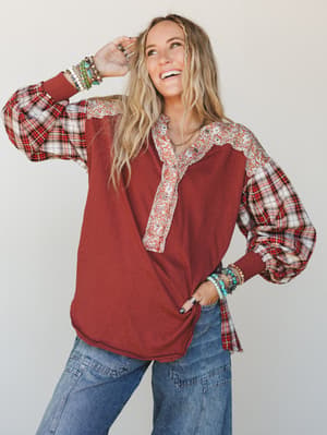 Better Together Mixed Print Top: better-together-mixed-print-top-apple-wood/Apple Wood