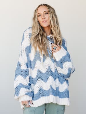 Wavy Knit Hoodie: wavy-knit-hoodie-ivory-cornflower-blue/Cornflower