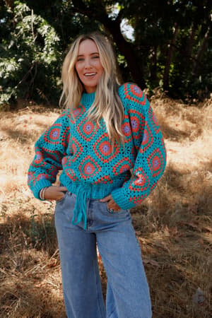 Made For Each Other Crochet Sweater: Teal Multi
