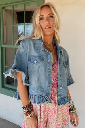 Scottie Ruffle Denim Jacket in Light Denim from Three Bird Nest