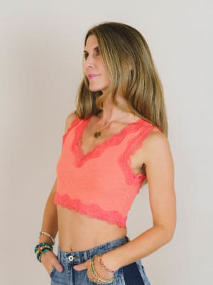 Lace Trim Cropped Cami - Hot Coral M / Hot Coral
