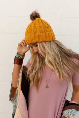 Cable Knit Faux Fur Pom Beanie: undefined