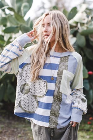 Daisy Darling Patchwork Boho Top in Blue from Three Bird Nest