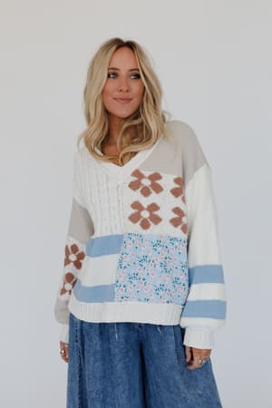 Feeling For Flowers Contrast Sweater: Cream Multi