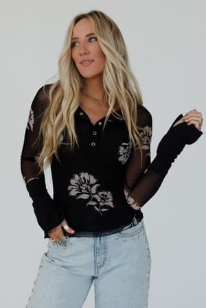 Vivid Garden Mesh Henley Top: Black