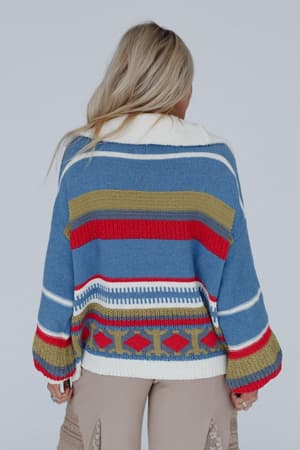 back view of Opal Patterned Boho Pullover Sweater in Blue Multi from Three Bird Nest