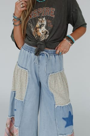 closeup of Coastal Chill Boho Wide Leg Pants in Denim Multi from Three Bird Nest