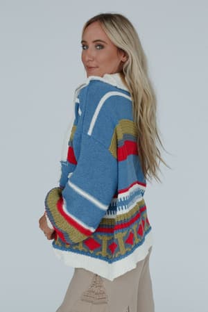 side view of Opal Patterned Boho Pullover Sweater in Blue Multi from Three Bird Nest
