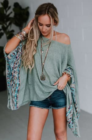 Fallon Embroidered Sleeve Poncho: fallon-embroidered-sleeve-kimono-sage/Sage