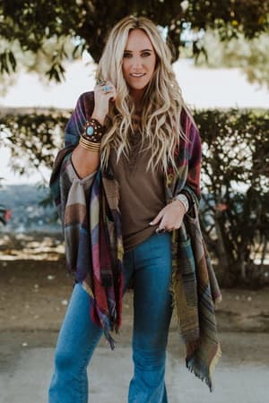 Cozy Plaid Pocket Ruana Wrap: Fuchsia