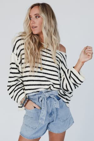 All My Stripes Oversized Sweater: all-my-stripes-oversized-sweater-cream-black/Cream Black
