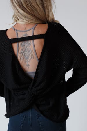 The Nest Flattering Open Back Thermal Knit Top: flattering-open-back-thermal-knit-top-black/Black