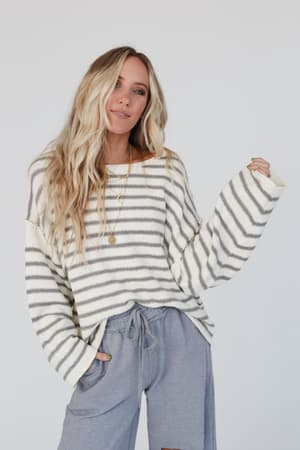 All My Stripes Oversized Sweater: all-my-stripes-oversized-sweater-ivory-gray/Ivory Gray