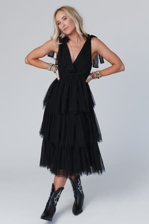 Boho Ballerina Tiered Tulle Dress: real-love-tiered-tulle-dress-black/Black