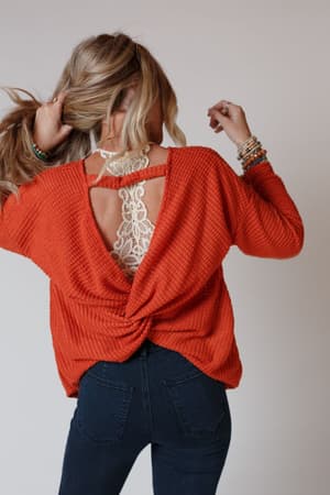 The Nest Flattering Open Back Thermal Knit Top: flattering-open-back-thermal-knit-top-rust/Rust