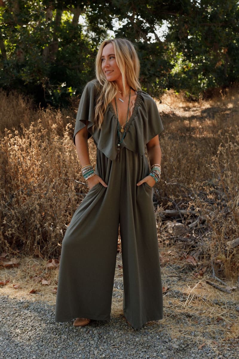 The Nest On Repeat Open Back Ruffle Jumpsuit - Light Olive