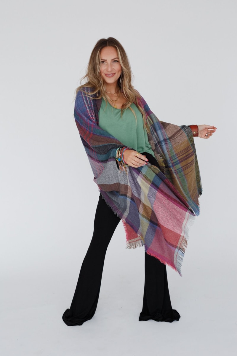 Oversized Vibrant Color shops Wide Print Plaid Kimono * Ruana