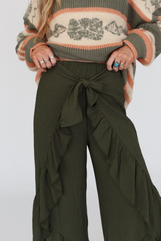 Abria Tie Front Flowy Pants - Olive