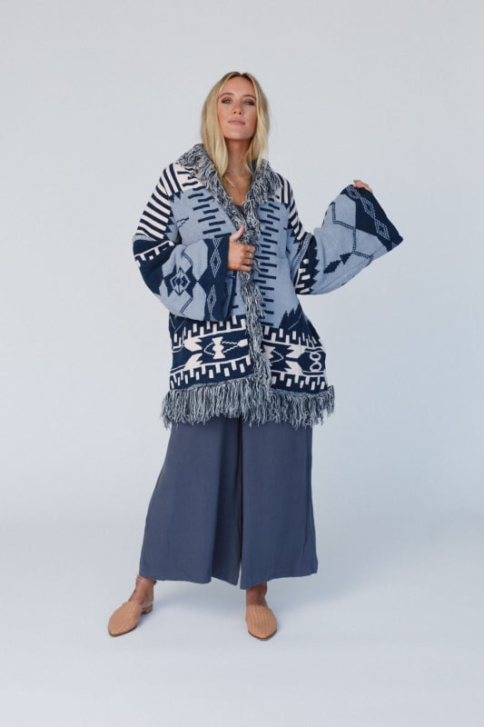 Blue Aztec Print Open Front Knitted Cardigan – Tack N More