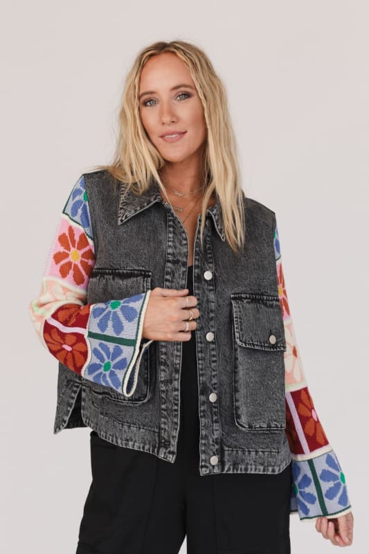 DAZY Patchwork Print Drop Shoulder Zip Up Hooded Denim Jacket