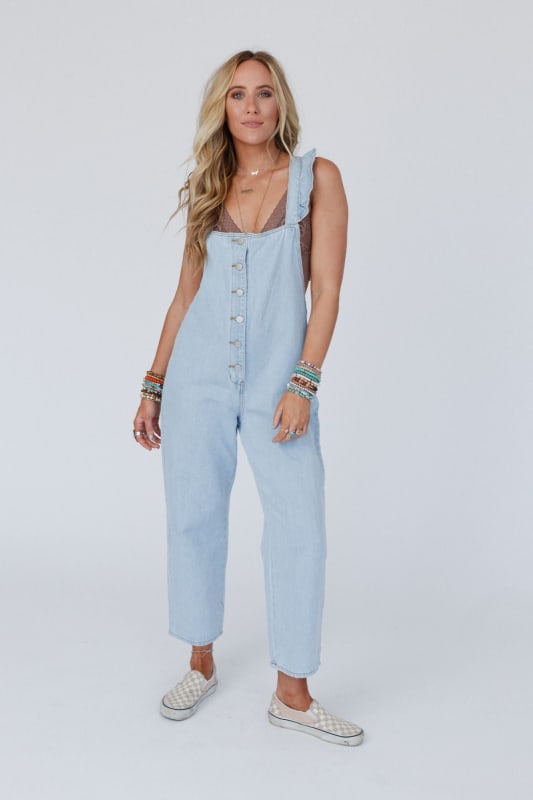 Mylah Button Up Denim Overalls - Blue Denim