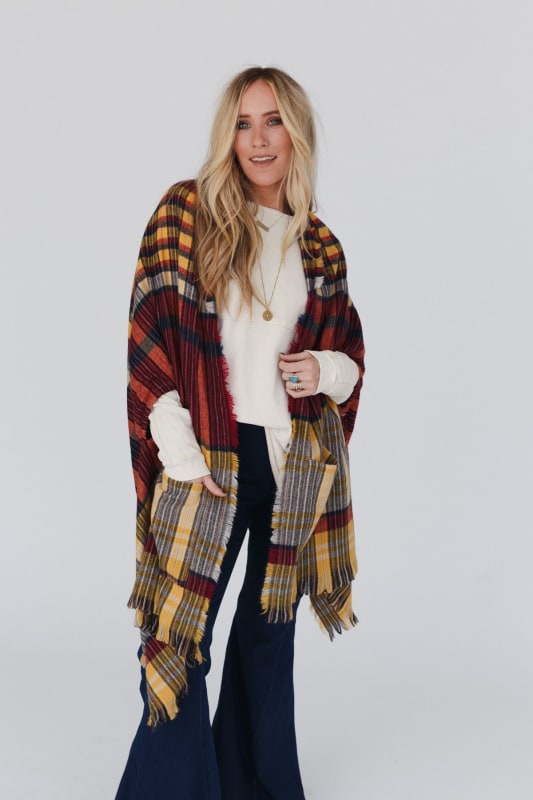 Three Outfits With a Black Plaid Blanket Scarf for Fall
