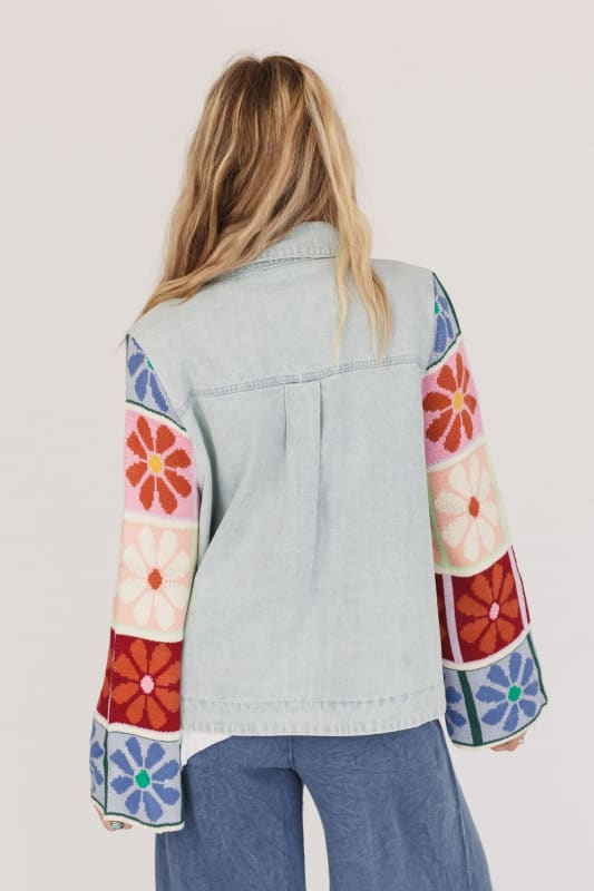 DAZY Patchwork Print Drop Shoulder Zip Up Hooded Denim Jacket