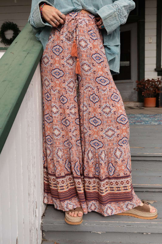 Button front rayon crinkle palazzo pants