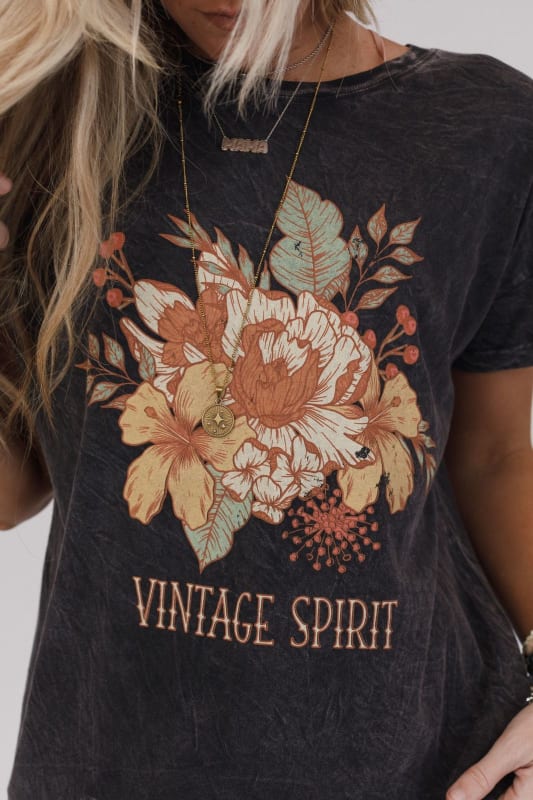 Floral Vintage Spirit Graphic Tee - Charcoal | Three Bird Nest