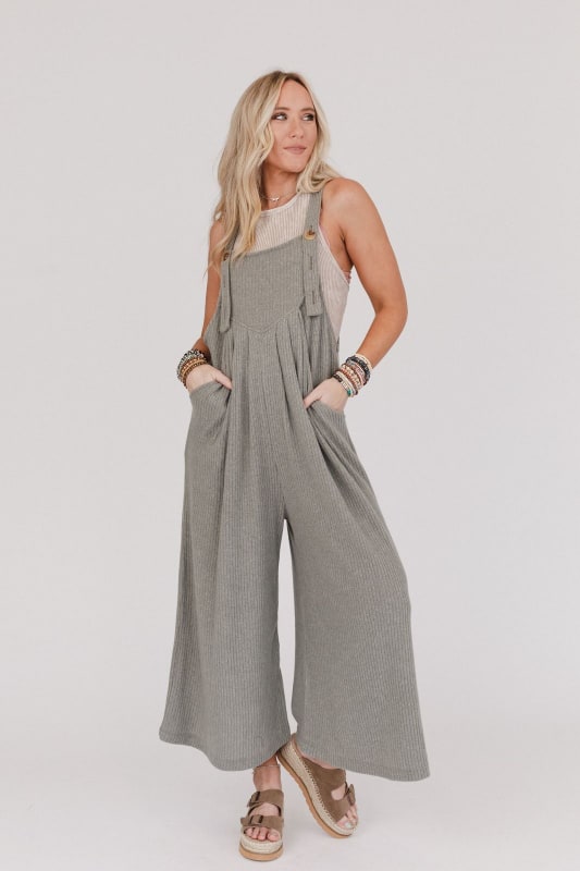 Serenity Wide Leg Ribbed Knit Overalls - Olive