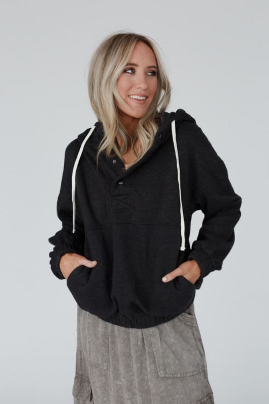 Cozy Cove Pocketed Hoodie Top - Ash Black