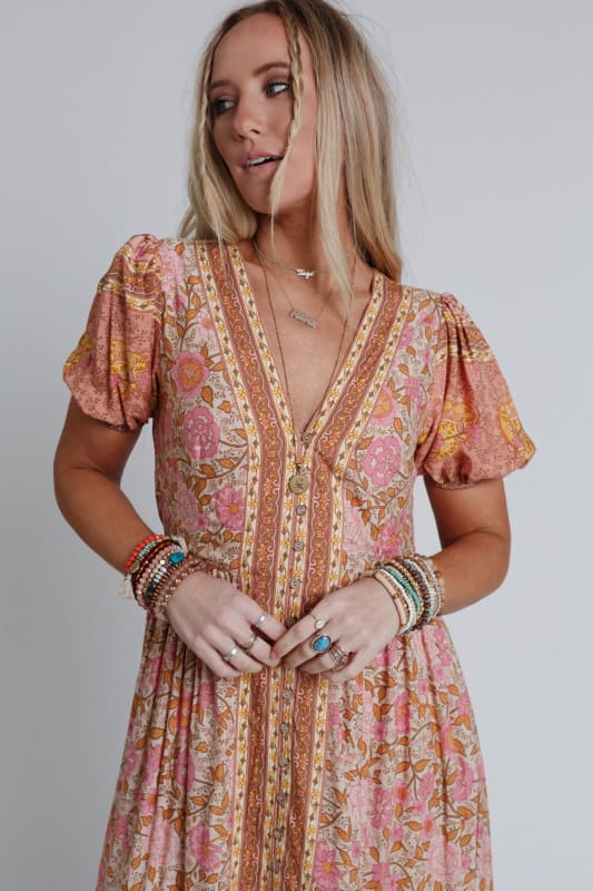 Rustic Rose Border Print Maxi Dress - Rose