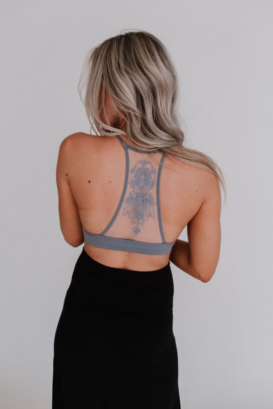 Embroidery Tattoo Bralette Mesh Back Push-up Removable Pads One