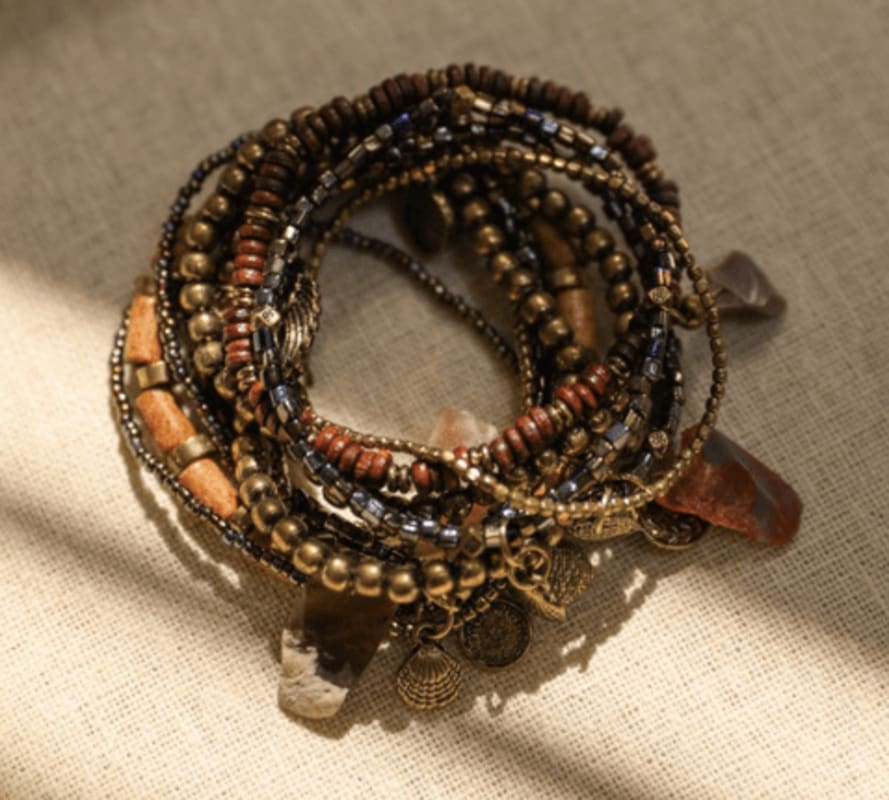 Bohemian Large Beaded Bracelet Set • Big Bead Gypsy Natural Stone 1- Brown