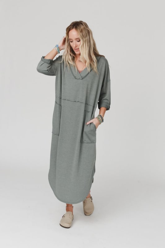 Meadow Long Sleeve Slit Maxi Dress - Light Olive | Three Bird Nest