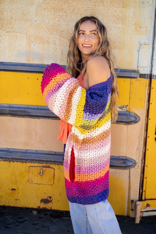 JOY Oversized Rainbow Cardigan, Hand Knit Sweater with Balloon